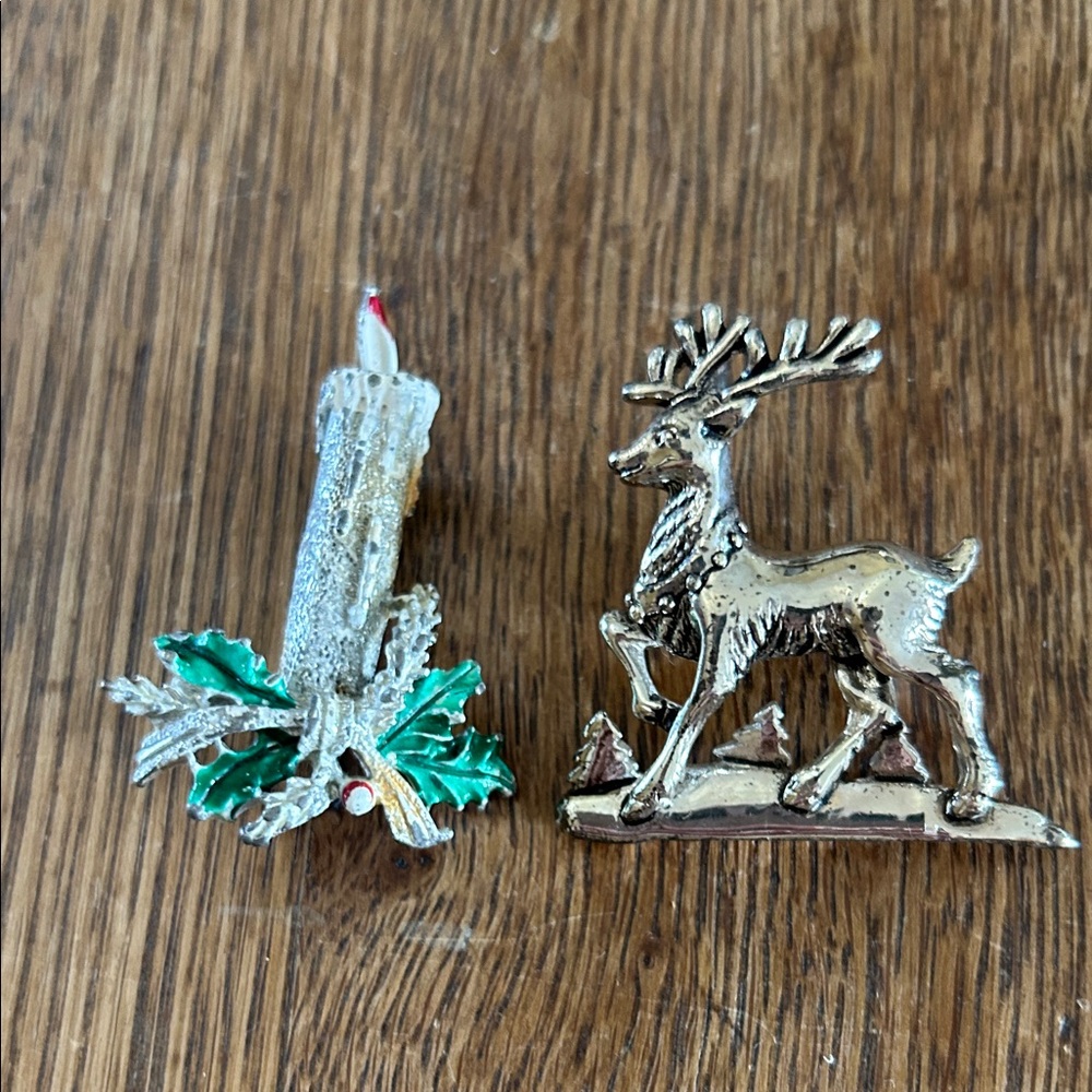 Elegant Holiday Reindeer & Candle Brooch Set